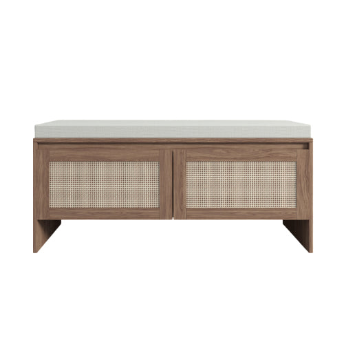 PP Rattan Storage Bench with Cushion, Faux Rattan Shoe Cabinet with 2 Doors, Mid-Century Modern Wood Entryway Seat, for Bedroom, Hallway, Mudroom, Natural Finish