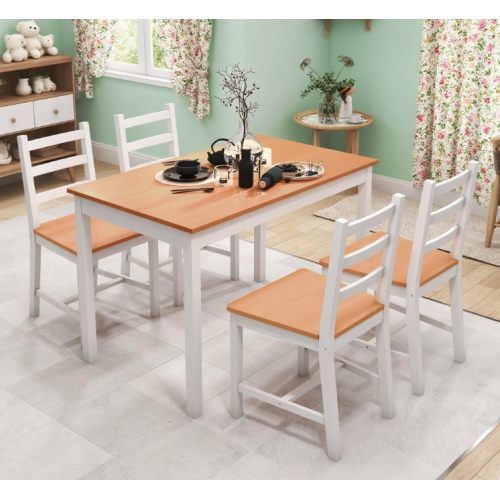 5-Piece Natural Solid Pine Dining Set, Rustic Wood Table & 4 Slatted High Back Chairs