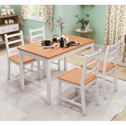 5-Piece Natural Solid Pine Dining Set, Rustic Wood Table & 4 Slatted High Back Chairs