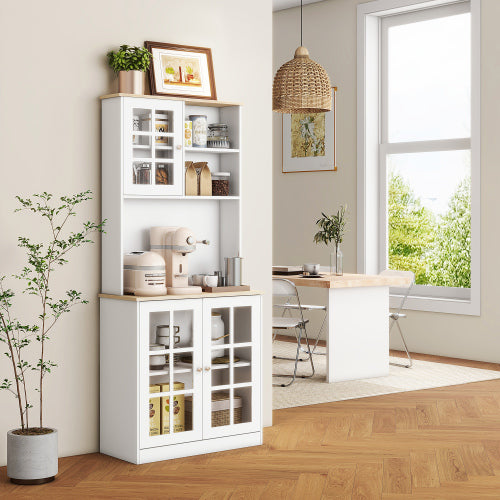 Kitchen Pantry Cabinet, 72 inch Freestanding Storage Cabinet with Hutch, Large Countertop, Glass Doors and Adjustable Shelves, Microwave Cabinet, Coffee Bar Cabinet for Dining Room, White