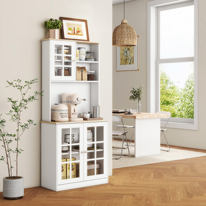Kitchen Pantry Cabinet, 72 inch Freestanding Storage Cabinet with Hutch, Large Countertop, Glass Doors and Adjustable Shelves, Microwave Cabinet, Coffee Bar Cabinet for Dining Room, White