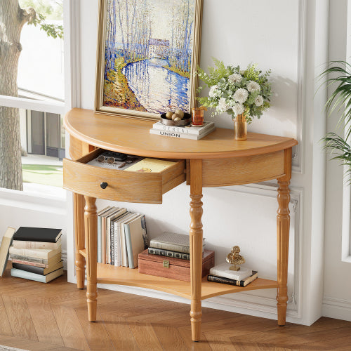 Half Moon Console Table with Drawer & Shelf - Rustic Accent Table, Sofa Table for Entryway, Living Room, Hallway and Foyer (Natural)