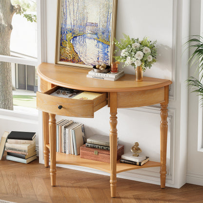 Half Moon Console Table with Drawer & Shelf - Rustic Accent Table, Sofa Table for Entryway, Living Room, Hallway and Foyer (Natural)