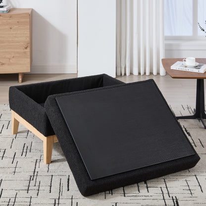 33.86 Inch Black Boucle Square Storage Ottoman, Reversible Lid Footrest with Rubberwood Legs, 300 LBS Weight Capacity