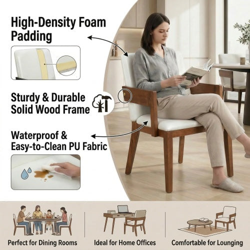 Set of 2 Modern Dining Chairs, Walnut Hardwood Frame with White Glossy PU Leather Upholstery