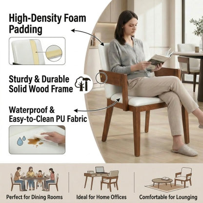 Set of 2 Modern Dining Chairs, Walnut Hardwood Frame with White Glossy PU Leather Upholstery