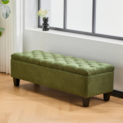 Green Boucle Storage Ottoman Bench, Tufted Design with Rubber Wood Legs, 300 LBS Capacity, 51.18 inchL x17.52 inchW x18 inchH