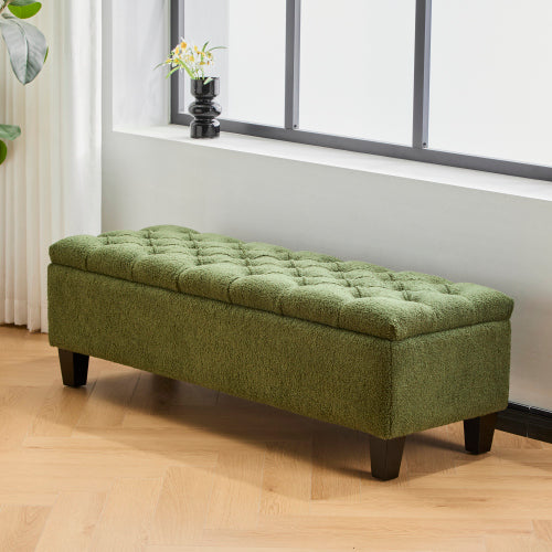 Green Boucle Storage Ottoman Bench, Tufted Design with Rubber Wood Legs, 300 LBS Capacity, 51.18 inchL x17.52 inchW x18 inchH