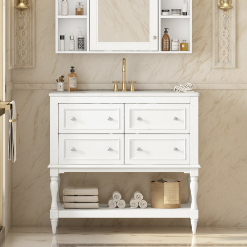 36" Bathroom Vanity Cabinet with Sink Combo Set, Undermount Ceramic Sink, Free Standing Vanity Set with 4 Drawers, Solid Wood Frame Bathroom Cabinet, White