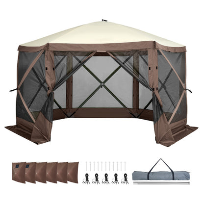 Pop Up Gazebo Tent, Pop-Up Screen Tent 6 Sided Canopy Sun Shelter with 6 Removable Privacy Wind Cloths & Mesh Windows, 12.5x12.5FT Quick Set Screen Tent with Mosquito Netting, Brown