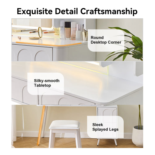 White Modern Vanity Desk Set, Fluted Wave Panel, 3 Color Dimmable LED Mirror, Adjustable Side Cabinet & PU Stool