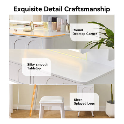 White Modern Vanity Desk Set, Fluted Wave Panel, 3 Color Dimmable LED Mirror, Adjustable Side Cabinet & PU Stool