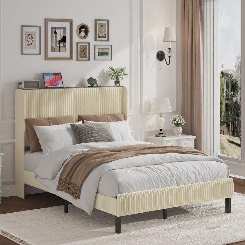 Full Size Platform Bed , Metal Bed Frame with Charging Station, No Box Spring Needed, (Beige), Noise Free,Easy Assemble.