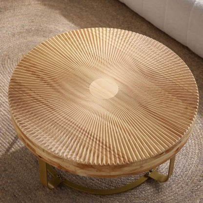 Round Wood Coffee Table Gold Metal Legs Carved Pine Accent Living Room Table