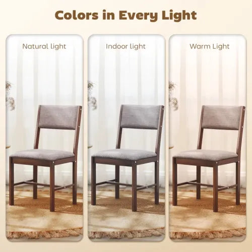 Set of 4 Light Brown Rubberwood Dining Chairs, Linen Fabric Upholstered Kitchen Chairs with H-Support