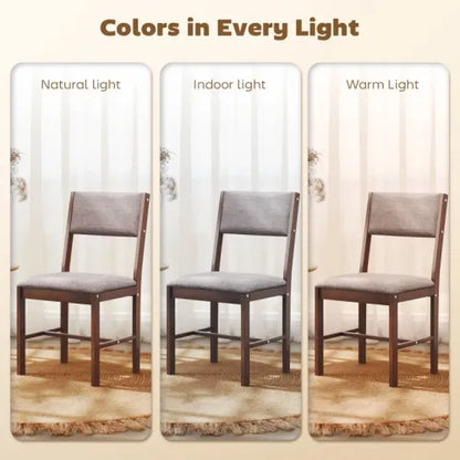 Set of 4 Light Brown Rubberwood Dining Chairs, Linen Fabric Upholstered Kitchen Chairs with H-Support
