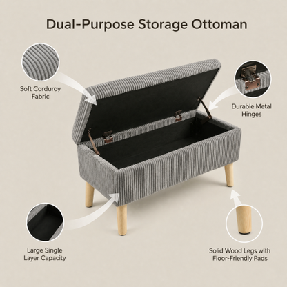32 inch Olive Grey Corduroy Flip-Top Storage Ottoman Bench, Wooden Leg Upholstered Entryway & Bedroom Footrest