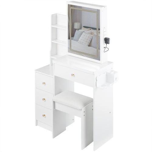 29.2" Small Size Left Bedside Cabinet Vanity Table + Cushioned Stool, 2 AC+2 USB Power Station, Hair dryer bracket, Extra Large Touch Control Sliding LED Mirror, Tri-color Switching, Brightness Adjust