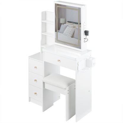 29.2" Small Size Left Bedside Cabinet Vanity Table + Cushioned Stool, 2 AC+2 USB Power Station, Hair dryer bracket, Extra Large Touch Control Sliding LED Mirror, Tri-color Switching, Brightness Adjust