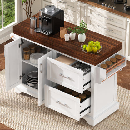 53 Inch Rolling Kitchen Island with Thick Top Drawers & Spice Rack White