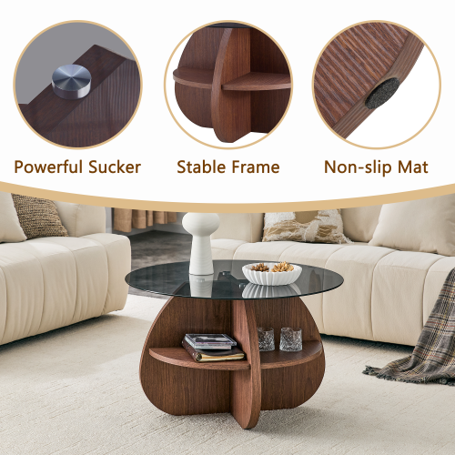 Round Coffee Table with Gray Tempered Glass Top & Fan-Shaped Storage