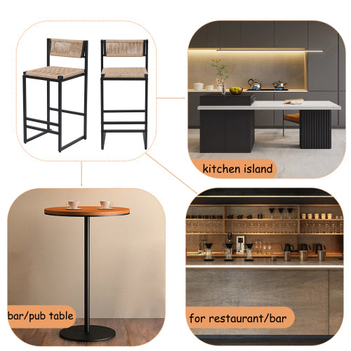 Kitchen Bar Stools with Footrest Set of 2 Paper Rope Weave Dining Chairs Counter Height Barstool (Style B Black & Honey)