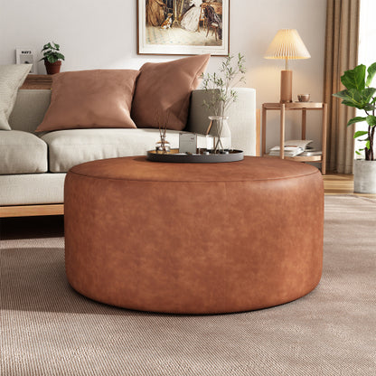 30 Inch Cognac Brown PU Leather Round Ottoman, Upholstered Modular Foot Stool with Pocket Coil Spring Support