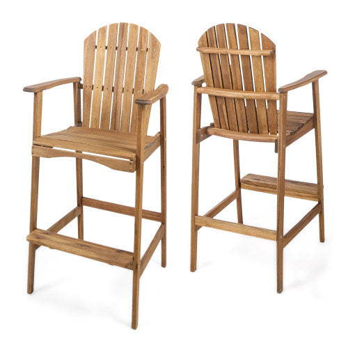 Outdoor Acacia Wood Adirondack Barstools, Set of 2, Natural Stained