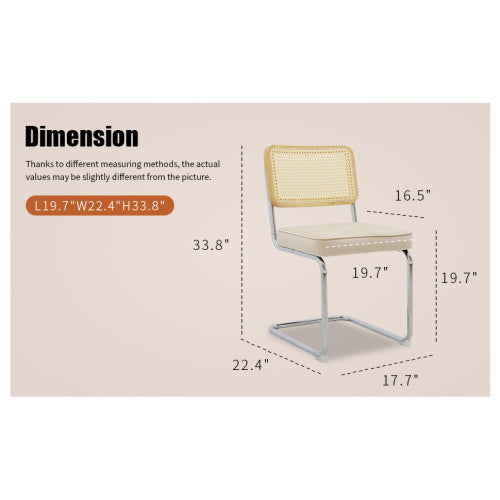 Set of 2 Champagne Velvet Rattan Cantilever Dining Chairs, Chrome Tubular Steel Breuer Stackable Side Chairs