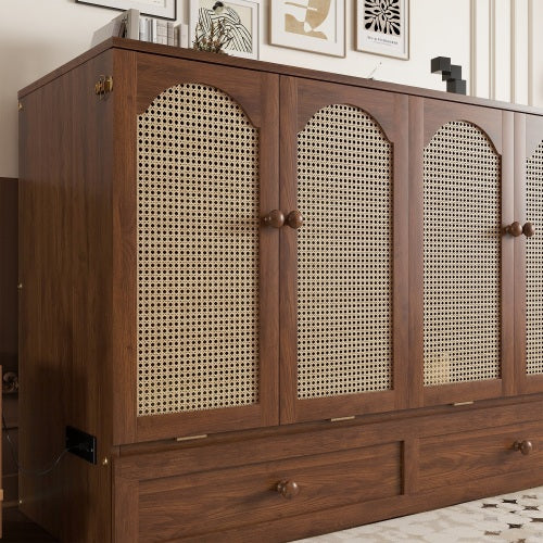 Queen Murphy Cabinet Bed with Charging Station Drawer and Rattan Panels Walnut