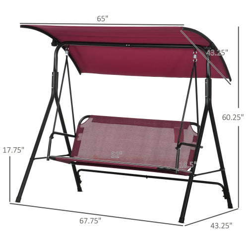 Outsunny 3-Person Porch Swing Bench with Stand & Adjustable Canopy, Armrests, Steel Frame for Outdoor, Garden, Patio, Porch & Poolside, Wine Red