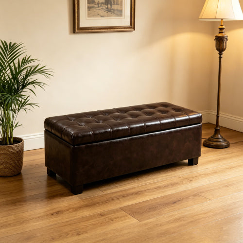 49.75 inch Brown Synthetic Leather Tufted Storage Ottoman Bench, 300 LBS Wooden Leg Entryway Footrest with Safety Hinge