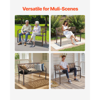 Outdoor Bench, 50 inch, Carbon Steel Metal Frame with PVC Floral Pattern Backrest and Round Edge Armrests, Weatherproof Outside Bench for Patio, Garden, Park, Yard, Front Porch, Antique Bronze