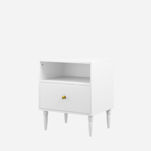 Modern White Nightstand with Drawer and Open Shelf, Bedside Table with Gold Knob, Solid Wood Legs, Small End Table for Bedroom, Living Room