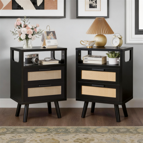 Black 2-Drawer Nightstand Set with Golden Metal Handles