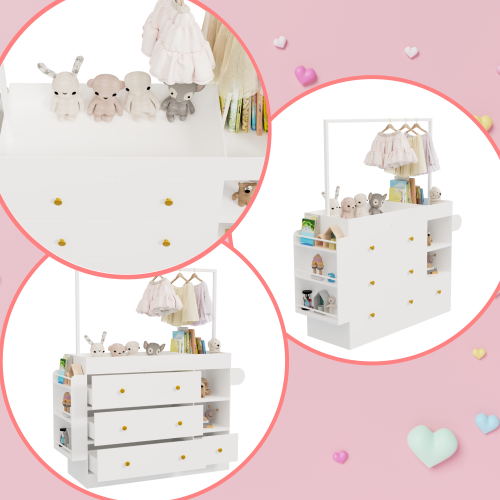 Modern Table Dresser,Baby Dressing Table with 3 extra deep Drawers and Storage Shelves and Hangers, Multi-Functional Baby Changing Table with Drying Rack for Nursery, White