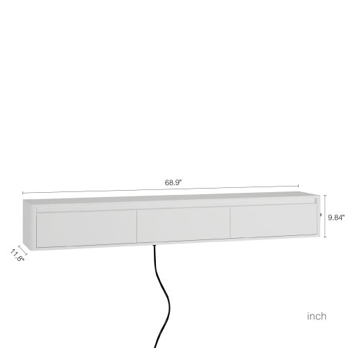 White Floating Wall Mount TV Cabinet with Touch LED Light Strip & Power Charging Ports for Living Room
