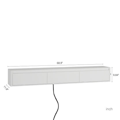 White Floating Wall Mount TV Cabinet with Touch LED Light Strip & Power Charging Ports for Living Room