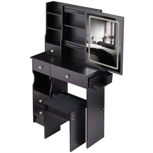 29.2" Small Size Left Drawer Desktop Vanity Table + Cushioned Stool, 2 AC+2 USB Power Station, Hair dryer bracket, Extra Large Touch Control Sliding LED Mirror, Tri-color Switching, Brightness Adjust