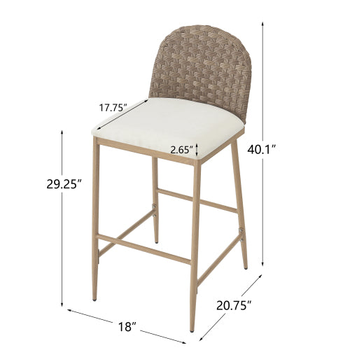 29.5inch Farmhouse Barstools Set of 2,Upholstered  Armless Iron Counter Stools with rattan Backrest for Kitchen Dining Island Table,Brown+Beige