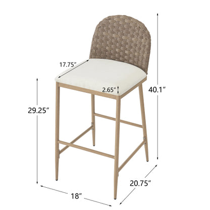 29.5inch Farmhouse Barstools Set of 2,Upholstered  Armless Iron Counter Stools with rattan Backrest for Kitchen Dining Island Table,Brown+Beige