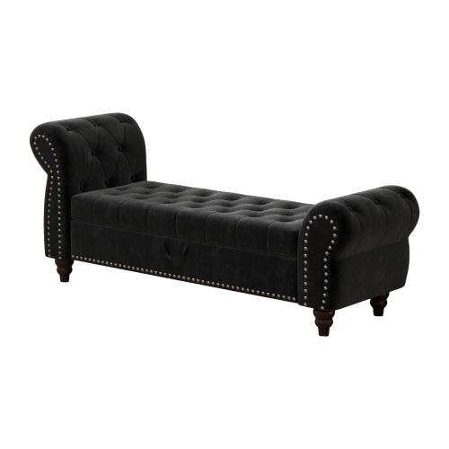 64.5inch  Bed Bench for Bed Room Nails Tufted Chaise of Lounge with Storage Velvet Upholstery Black