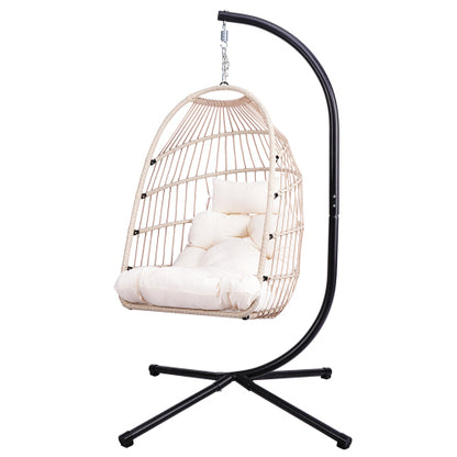 Foldable Hanging Egg Chair with Stand and Pillow, HDPE Rattan and Heavy Duty Aluminum-Steel Frame, Outdoor Patio Wicker Swing Egg Chair with Headrest and Cushioned, (Beige)
