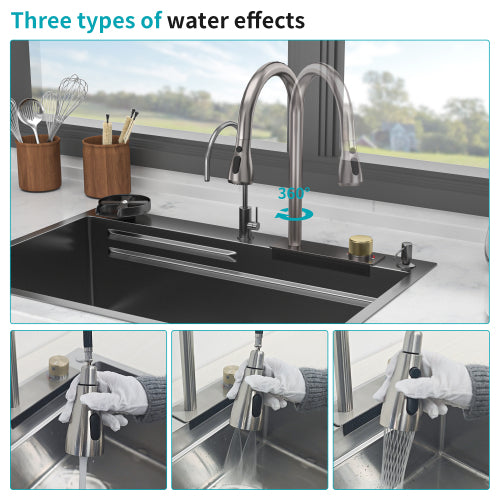 Gunmetal Black Drop in Waterfall Kitchen Sink - 33*22*10 inch Single Bowl 16 Gauge Stainless Steel Ledge Workstation Kitchen Sinks with Pull-Down Faucet & Cup Washer