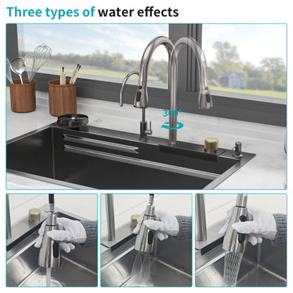 Gunmetal Black Drop in Waterfall Kitchen Sink - 33*22*10 inch Single Bowl 16 Gauge Stainless Steel Ledge Workstation Kitchen Sinks with Pull-Down Faucet & Cup Washer