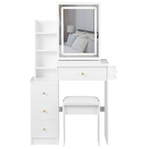 29.2" Small Size Left Bedside Cabinet Vanity Table + Cushioned Stool, 2 AC+2 USB Power Station, Hair dryer bracket, Extra Large Touch Control Sliding LED Mirror, Tri-color Switching, Brightness Adjust
