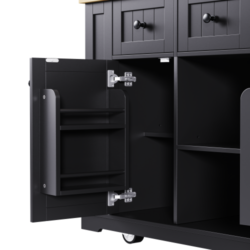 53inch Large Kitchen Island with Drop Leaf, Power Outlet, Door Internal Storage Rack, Rolling Kitchen Cart on 5 Wheels with 5 Open Side Racks for Kitchen, Dining Room,Black(Not include bar stools)