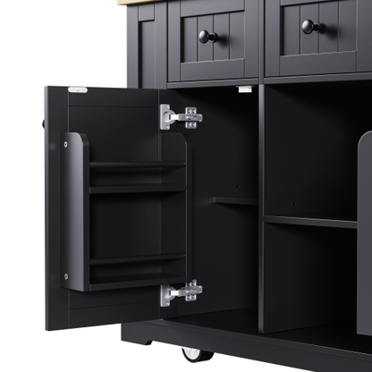 53inch Large Kitchen Island with Drop Leaf, Power Outlet, Door Internal Storage Rack, Rolling Kitchen Cart on 5 Wheels with 5 Open Side Racks for Kitchen, Dining Room,Black(Not include bar stools)