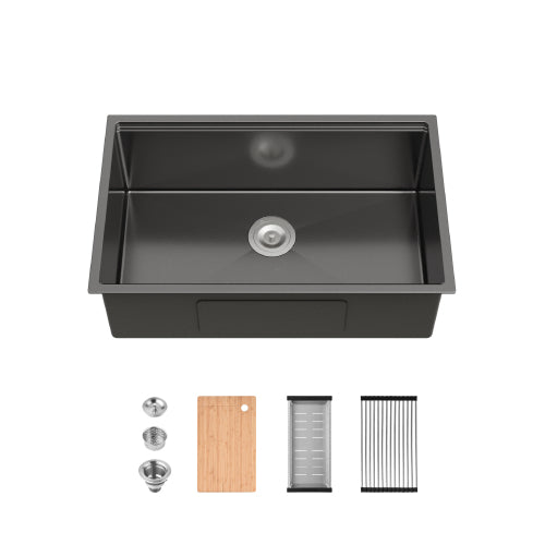 Stainless Steel Kitchen Sink, 30″x19″ Single Bowl, Undermount Handmade Sink in Black, with Cutting Board, Colander