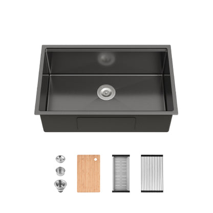 Stainless Steel Kitchen Sink, 30″x19″ Single Bowl, Undermount Handmade Sink in Black, with Cutting Board, Colander